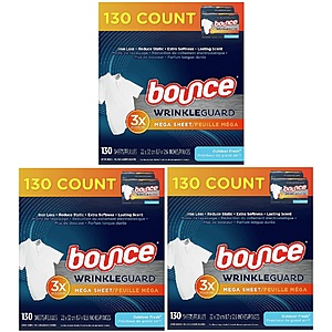 130-Ct Bounce Mega Dryer Sheets: WrinkleGuard or Lasting Fresh (Outdoor Fresh) 3 for $13.50 w/ S&S + Free S&H