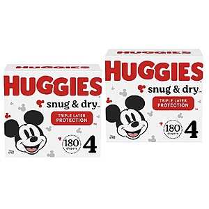 Huggies Baby Diapers $20 off $100+: 180-Ct Snug & Dry (size 4) 2 for $66.70 ($33.34 each) & More w/ S&S + Free Shipping