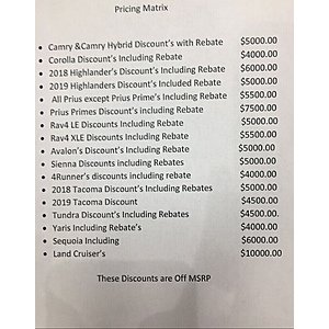 Toyota Insider Pricing sheet snagged out at a dealer $20000