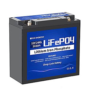 12V 24Ah Rechargeable LiFePO4 Lithium Iron Phosphate Battery with 3000+ Times Deep Cycles $69.80 + Free Ship