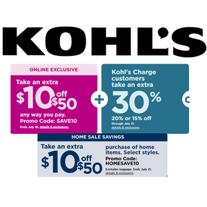 Kohls Cardholders Stacking Codes: $10 off $50 + $10 off $50 in Home + 30% Off + free shipping